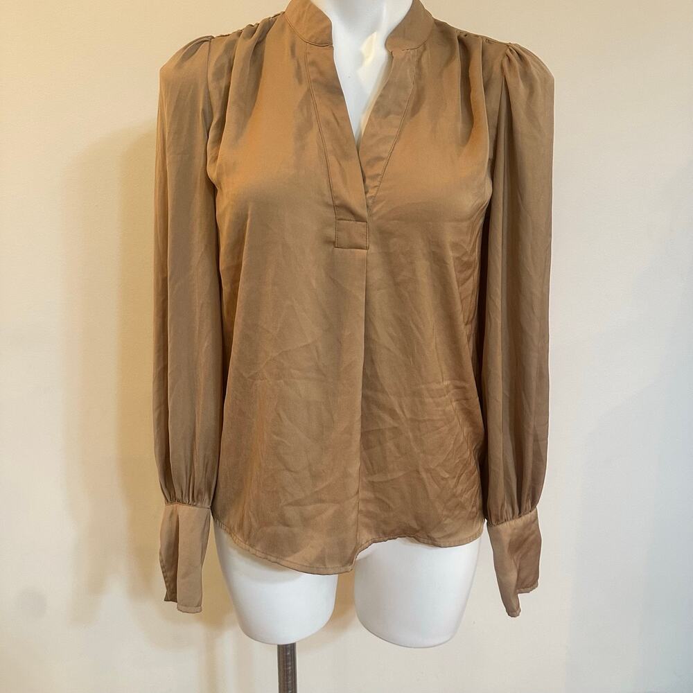Banana Republic XS Camel Satin Puff Sleeve Popover Blouse Top
